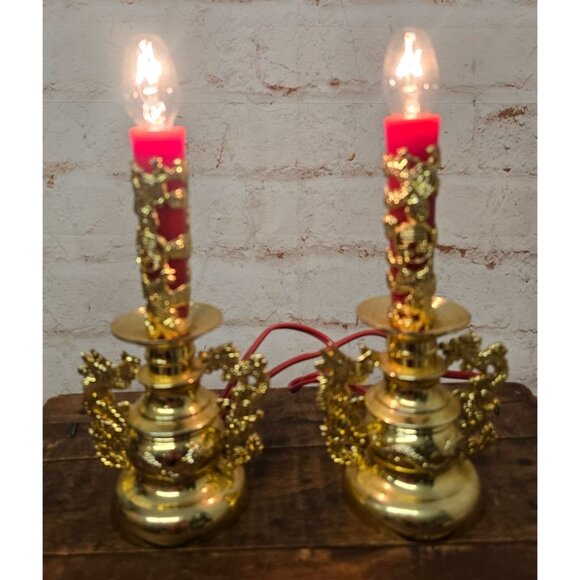 Other - Pair Of Vintage Chinese Style Electric Candle Alter Lamps Dragon Design